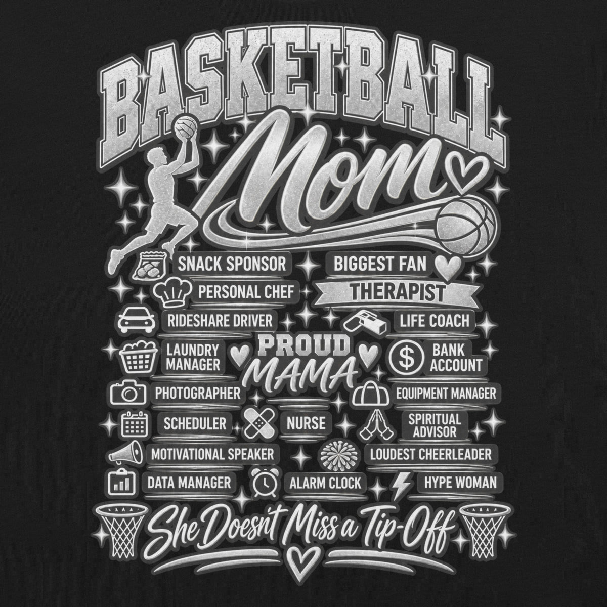 black Basketball Mom t-shirt with "All My Roles" design, chrome print, front view