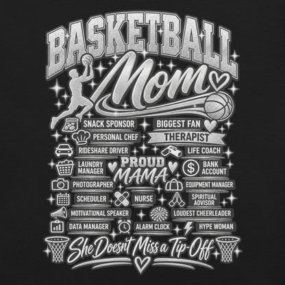 black Basketball Mom t-shirt with "All My Roles" design, chrome print, front view