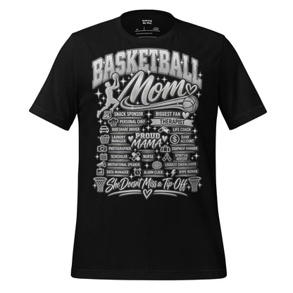 black Basketball Mom t-shirt with "All My Roles" design, chrome print, front view