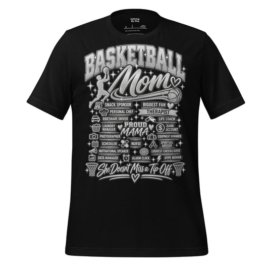 black Basketball Mom t-shirt with "All My Roles" design, chrome print, front view