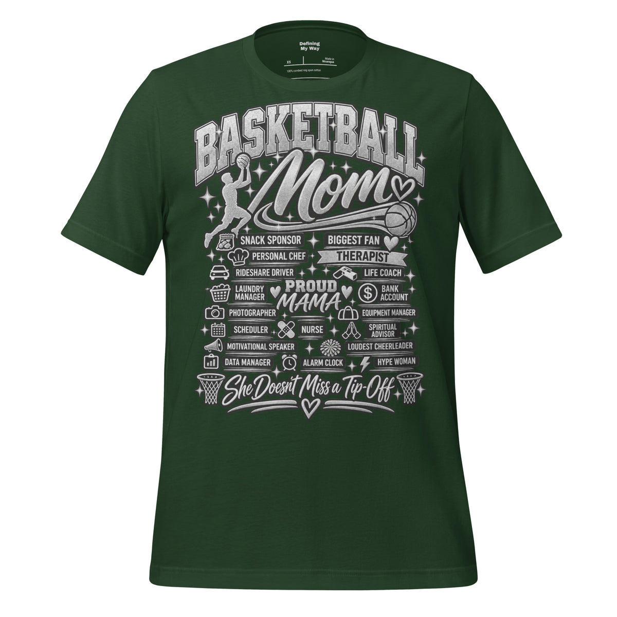 forest green Basketball Mom t-shirt with "All My Roles" design, chrome print, front view