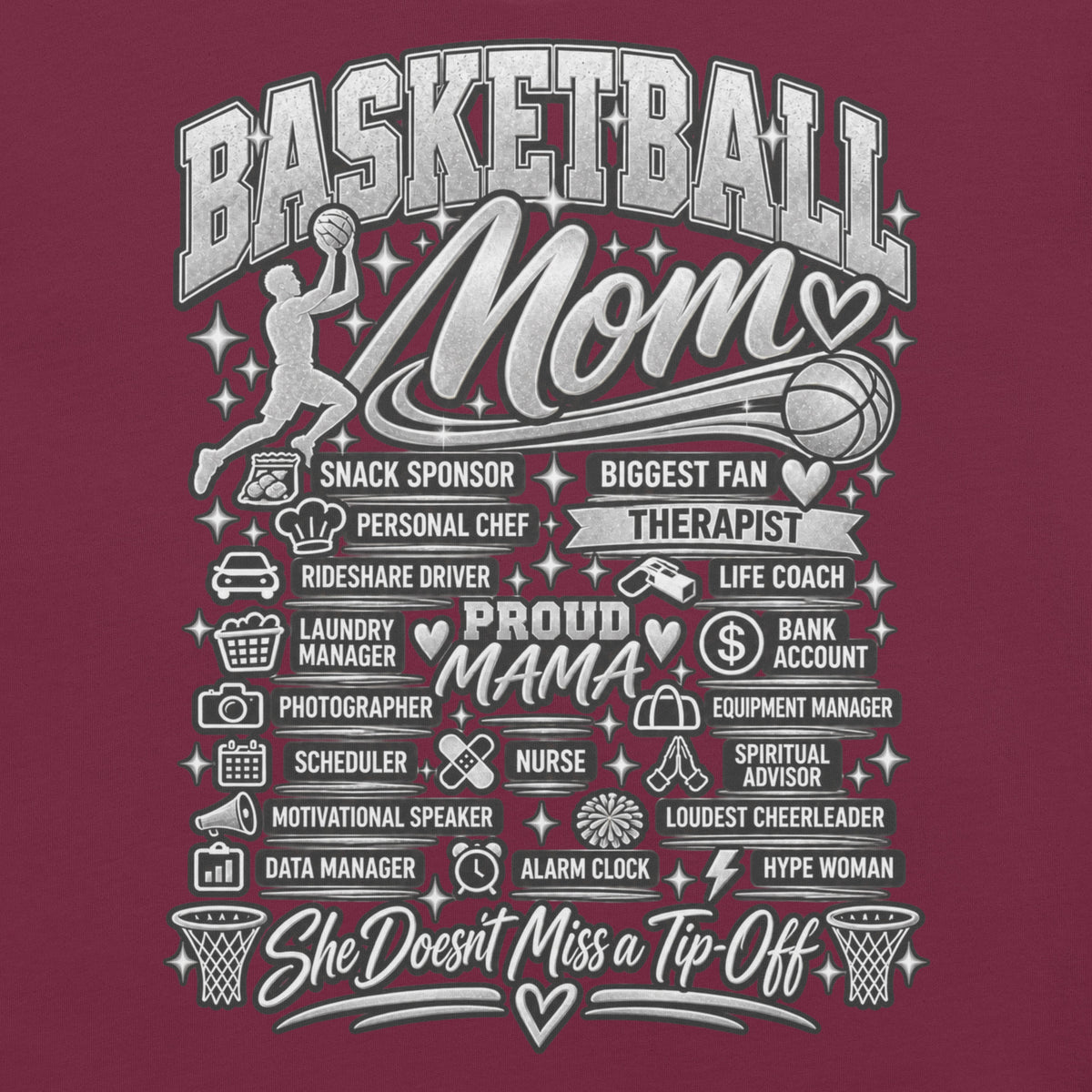 maroon Basketball Mom t-shirt with "All My Roles" design, chrome print, front view