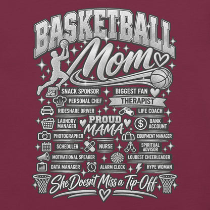 maroon Basketball Mom t-shirt with "All My Roles" design, chrome print, front view