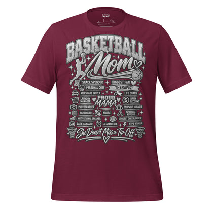 maroon Basketball Mom t-shirt with "All My Roles" design, chrome print, front view