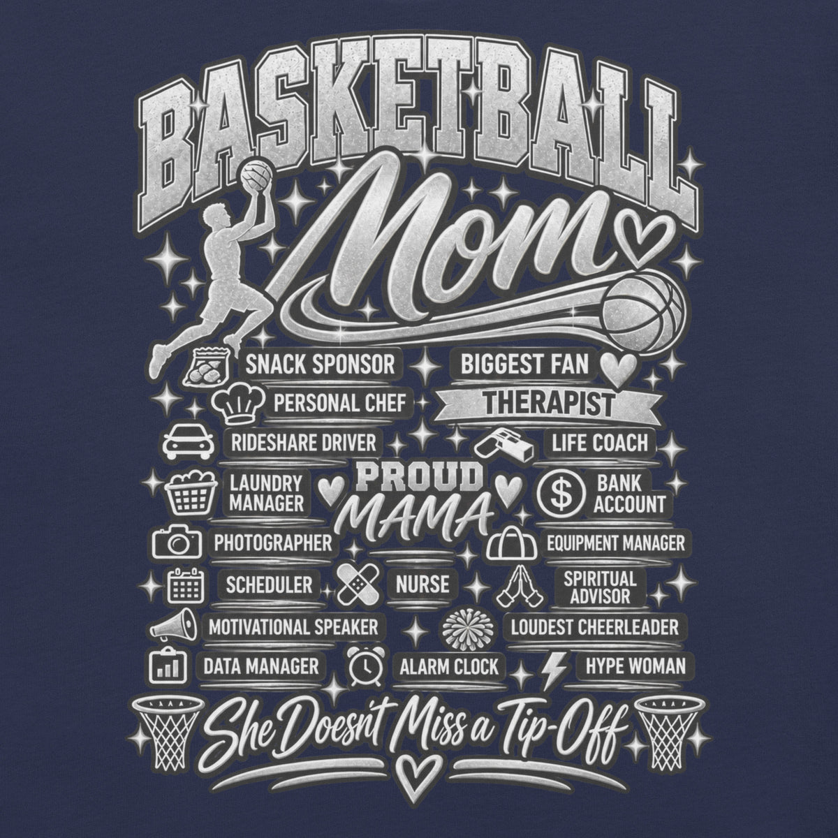 navy Basketball Mom t-shirt with "All My Roles" design, chrome print, front view