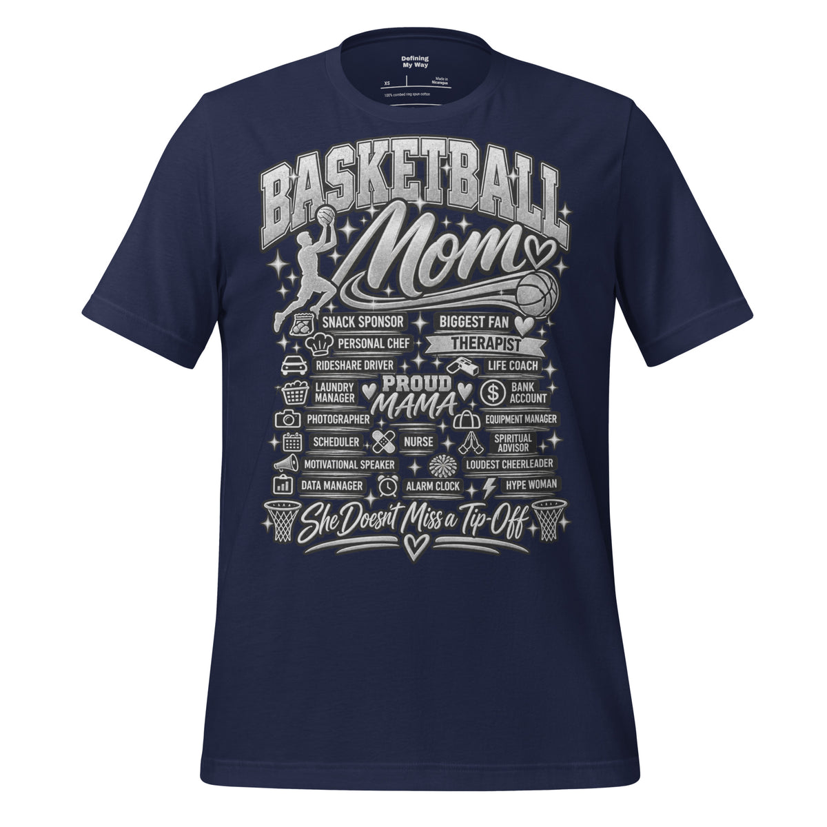 navy Basketball Mom t-shirt with "All My Roles" design, chrome print, front view