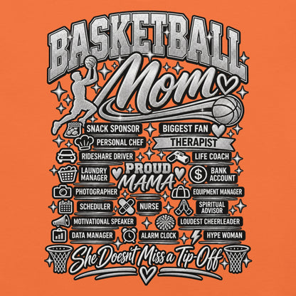 orange Basketball Mom t-shirt with "All My Roles" design, chrome print, front view