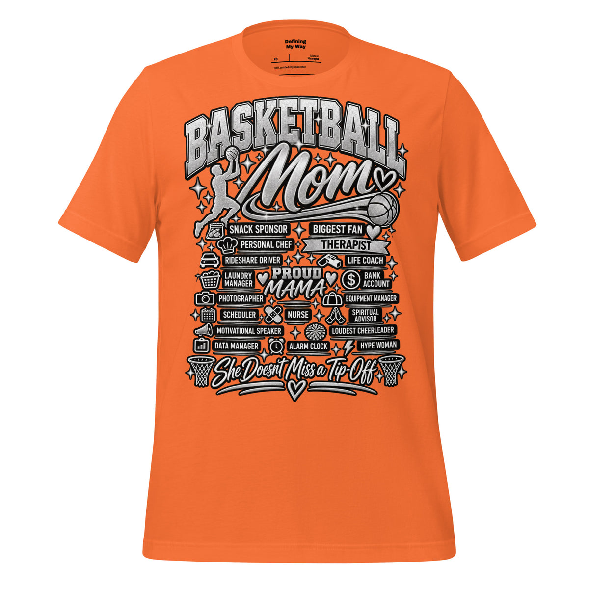 orange Basketball Mom t-shirt with "All My Roles" design, chrome print, front view