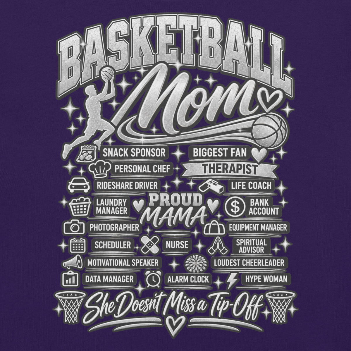 purple Basketball Mom t-shirt with "All My Roles" design, chrome print, front view