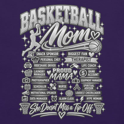purple Basketball Mom t-shirt with "All My Roles" design, chrome print, front view
