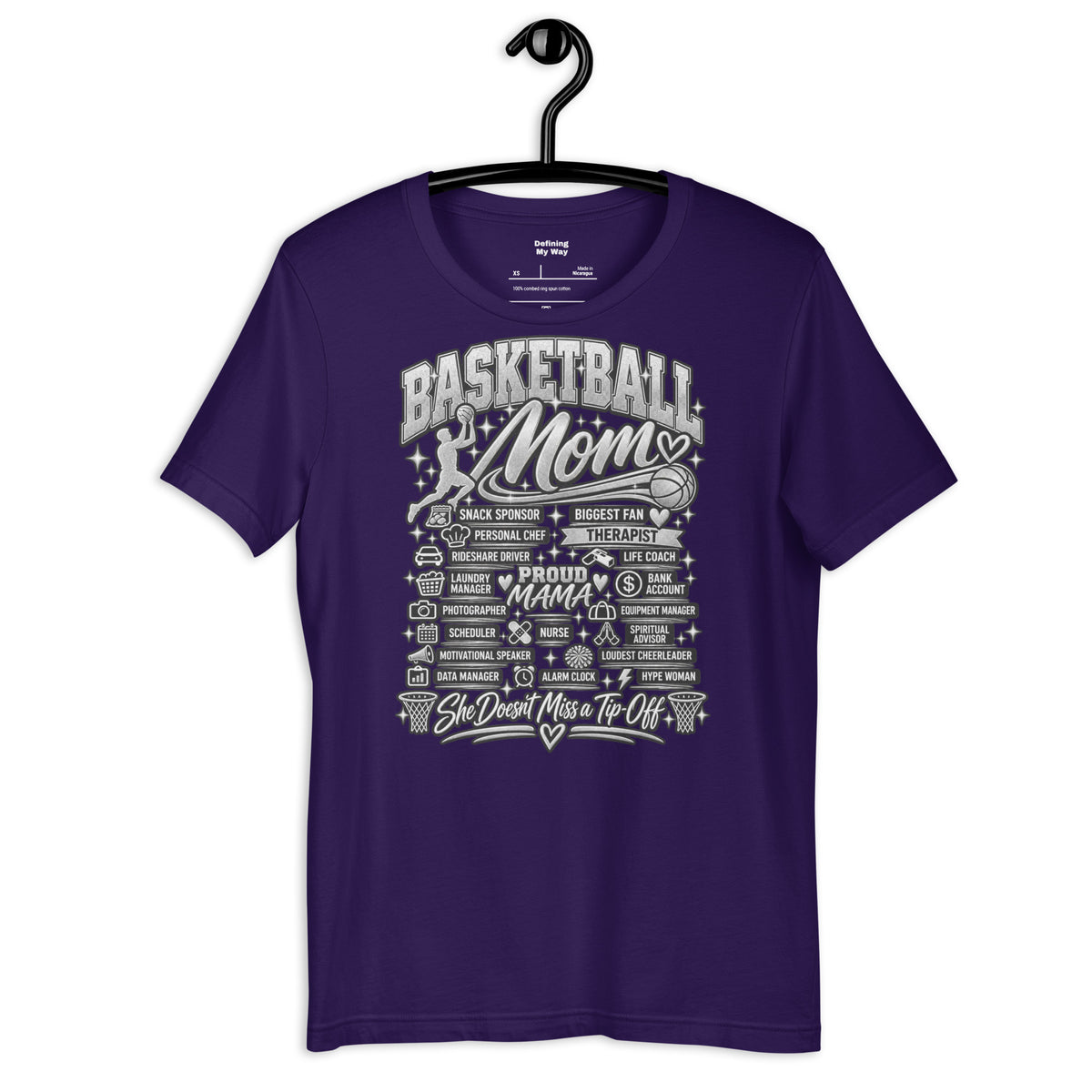 purple Basketball Mom t-shirt with "All My Roles" design, chrome print, front view