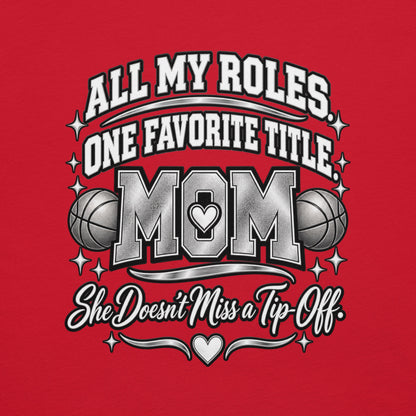red Basketball Mom t-shirt with "All My Roles" design, chrome print, back view