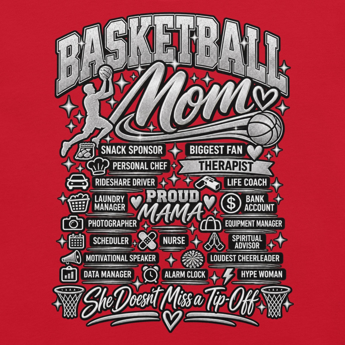 red Basketball Mom t-shirt with "All My Roles" design, chrome print, front view