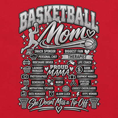 red Basketball Mom t-shirt with "All My Roles" design, chrome print, front view
