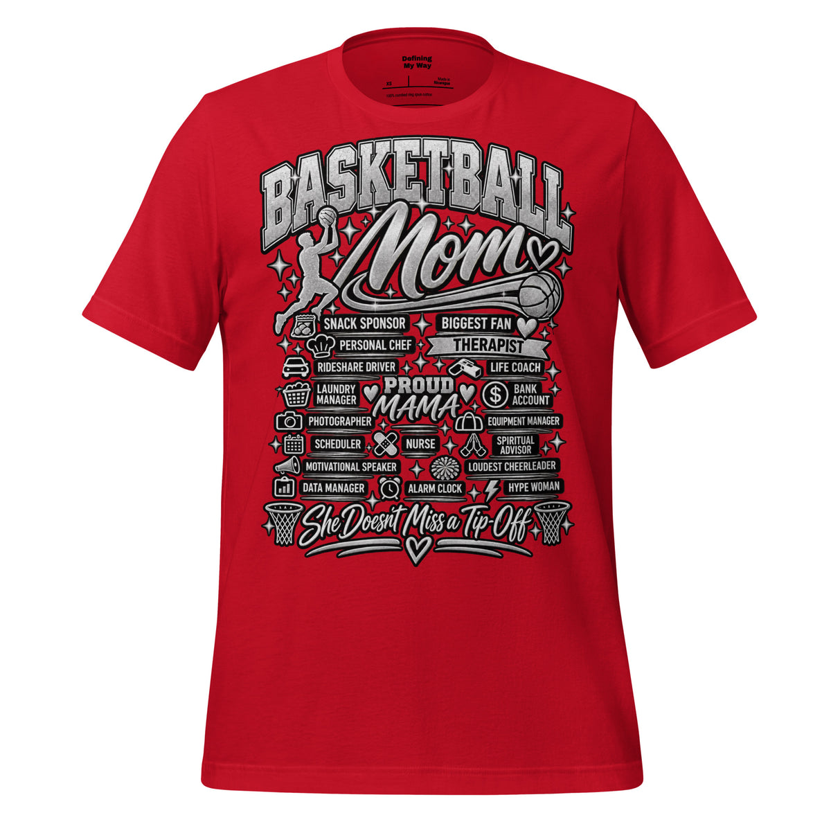 red Basketball Mom t-shirt with "All My Roles" design, chrome print, front view