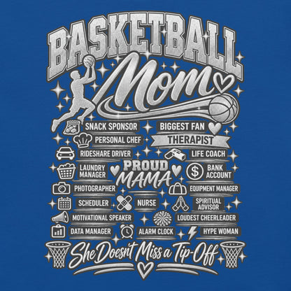 royal blue Basketball Mom t-shirt with "All My Roles" design, chrome print, front view