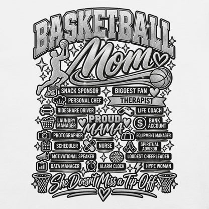 white Basketball Mom t-shirt with "All My Roles" design, chrome print, front view
