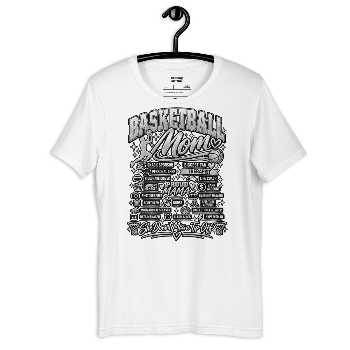 white Basketball Mom t-shirt with "All My Roles" design, chrome print, front view