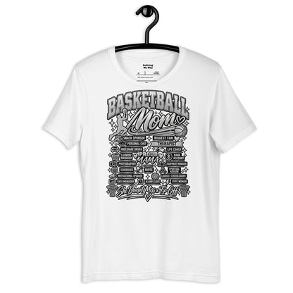 white Basketball Mom t-shirt with "All My Roles" design, chrome print, front view