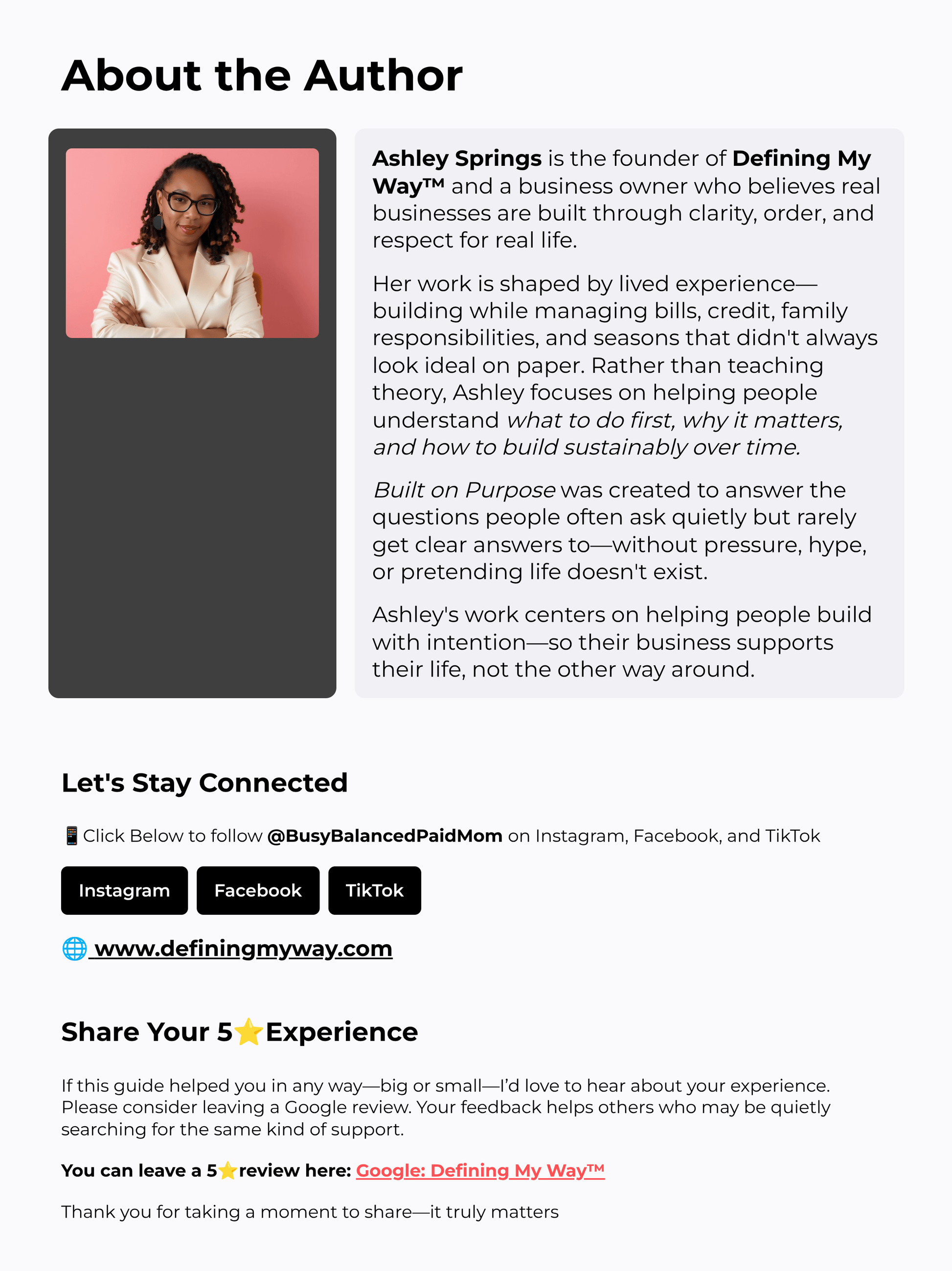 Ashley Springs, founder of Defining My Way, author of the Built on Purpose step-by-step business guide.