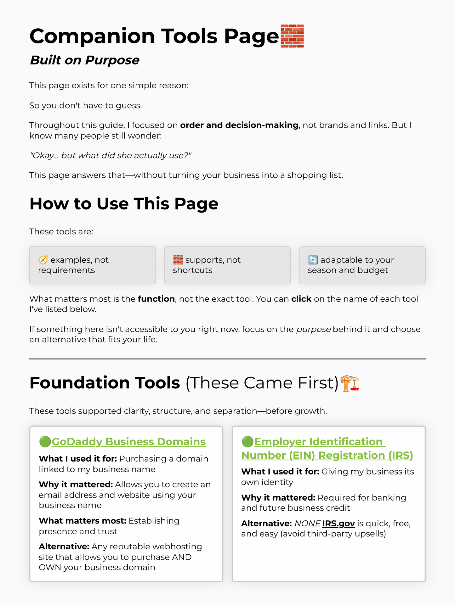 Companion Tools Page from the Built on Purpose guide showing example tools used to build a business step by step.