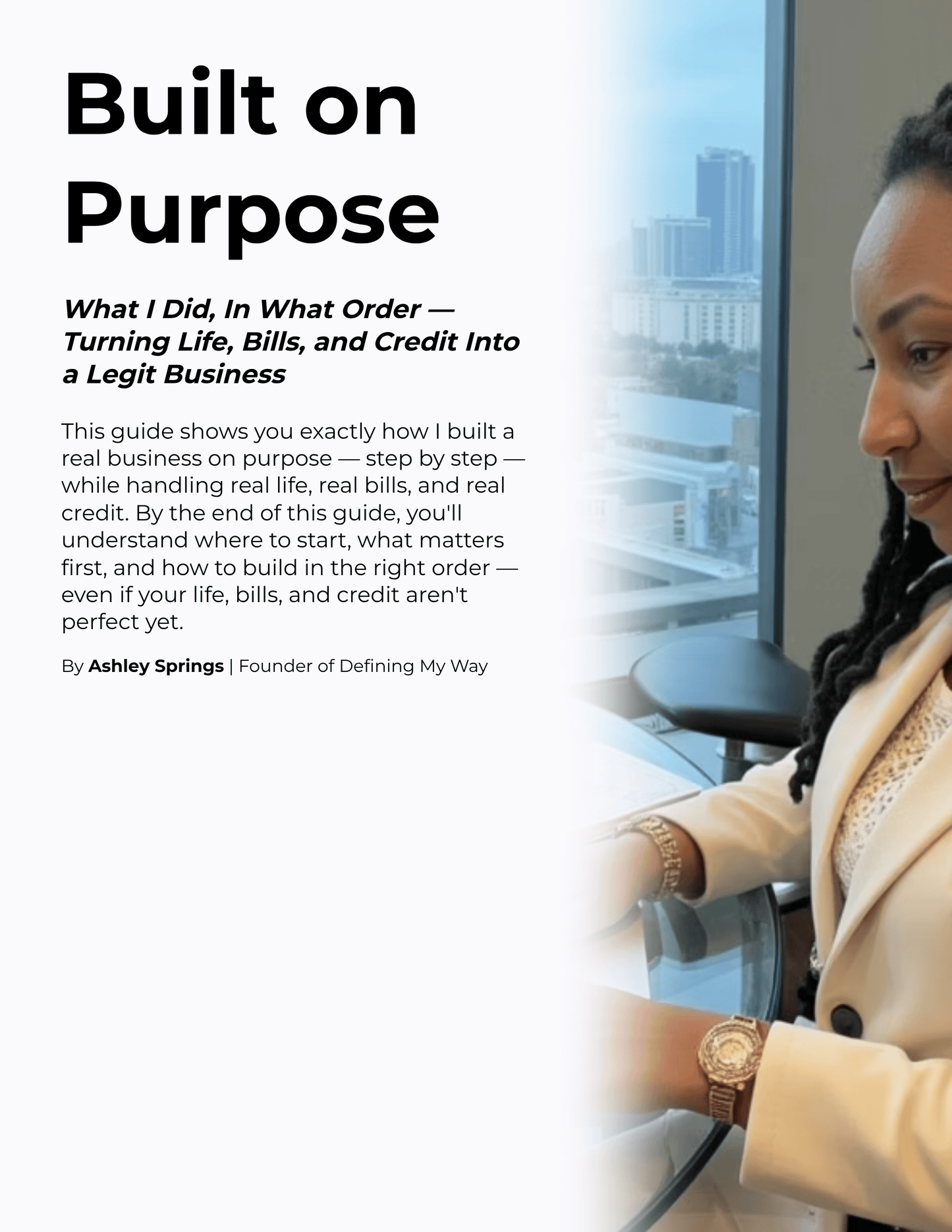 Built on Purpose guide cover showing a step-by-step roadmap for building a legitimate business while managing life, bills, and credit.