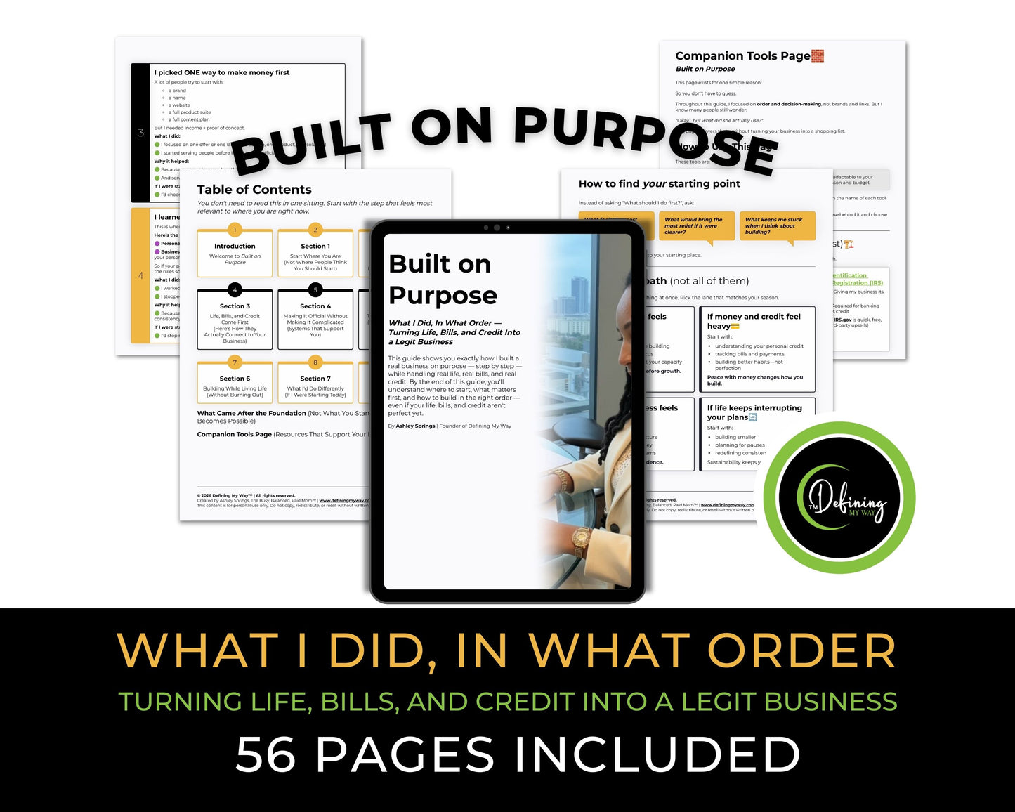 Interior pages from the Built on Purpose guide showing reflection prompts and step-by-step business foundation sections.