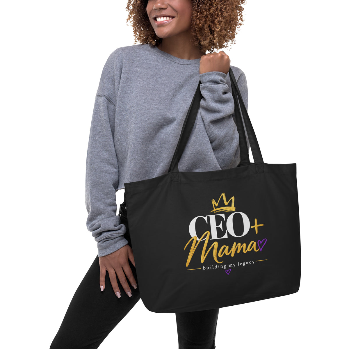 Black CEO + Mama tote bag, building my legacy design, alternate front view