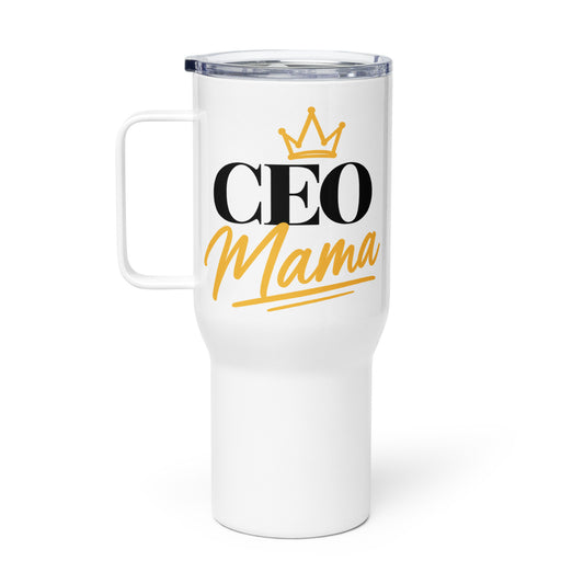 White CEO Mama travel mug with handle, 25 oz, right view
