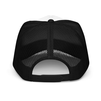 Black and white CEO Mama foam trucker hat, back view