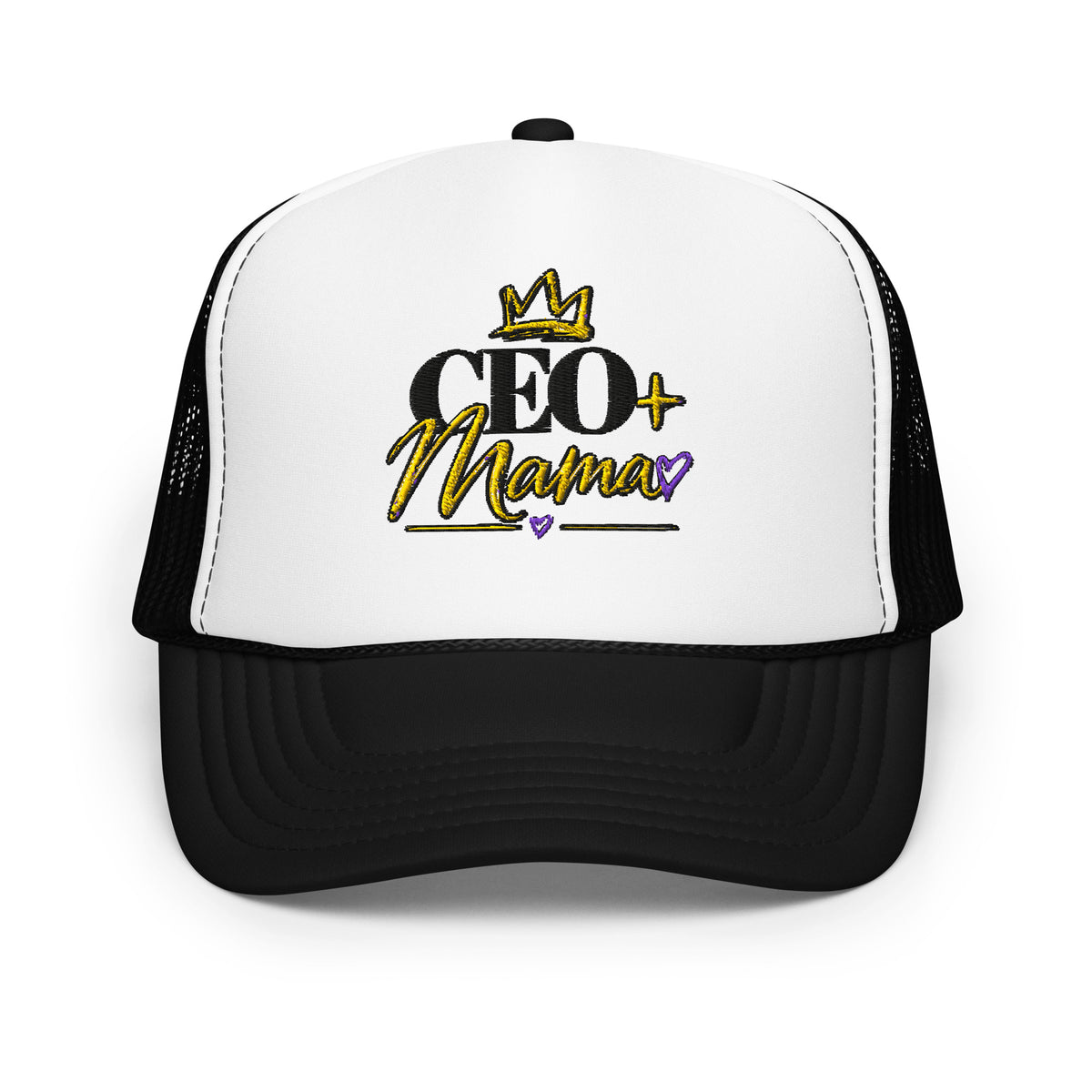 Black and white CEO Mama foam trucker hat, front view