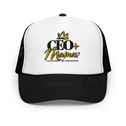 Black and white CEO Mama foam trucker hat, front view