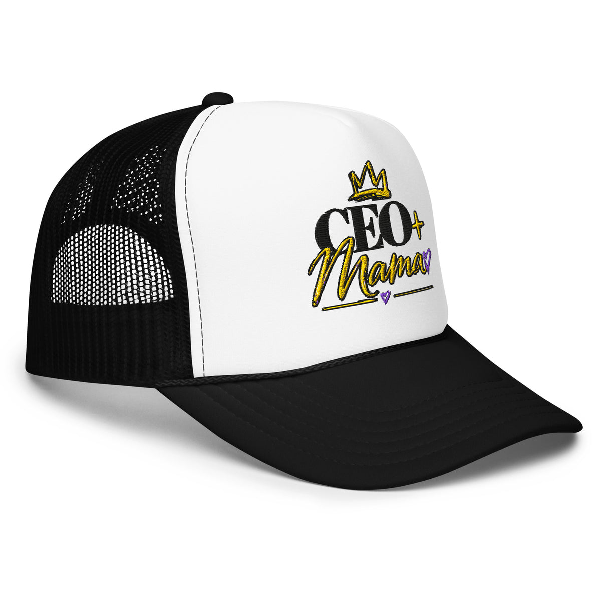 Black and white CEO Mama foam trucker hat, right front view