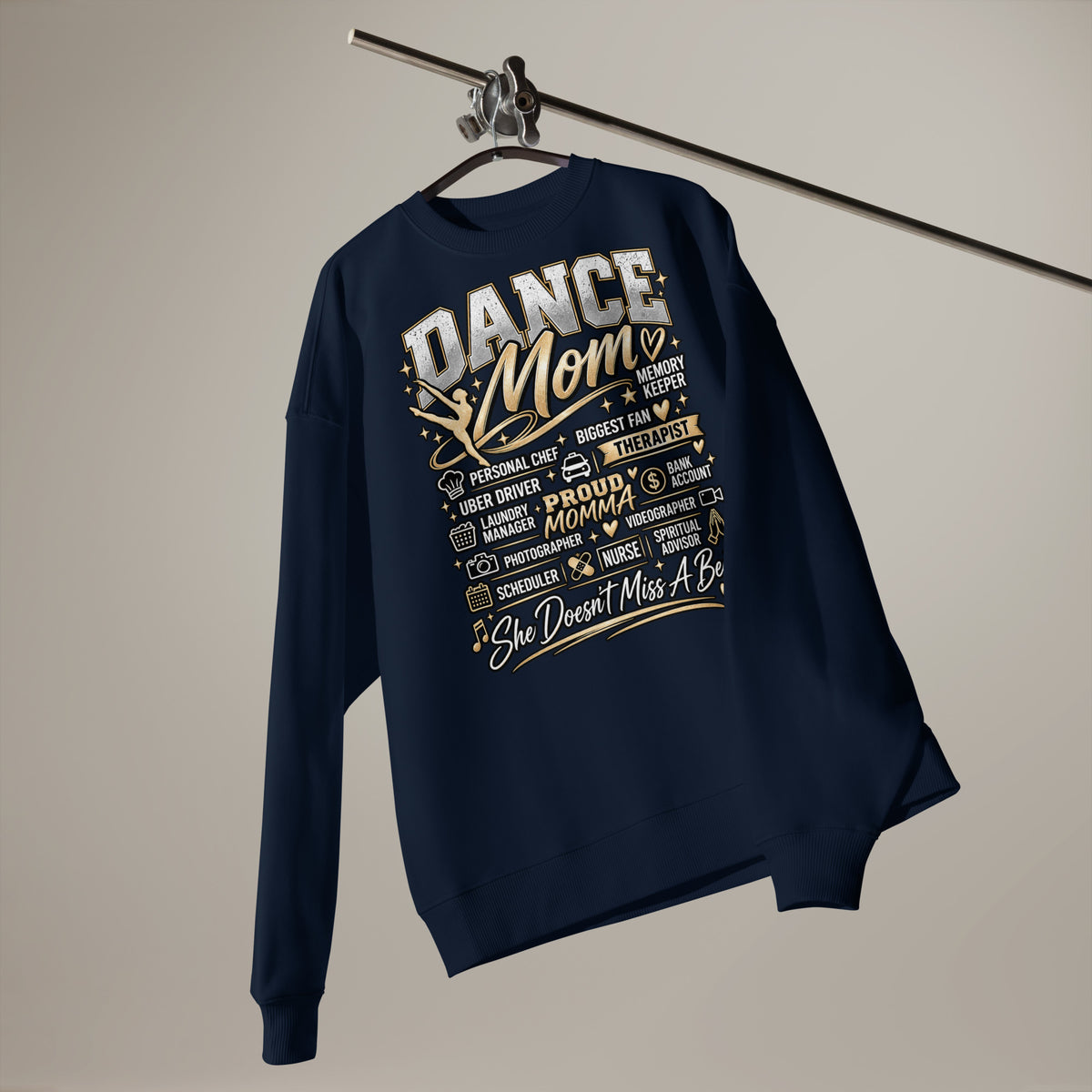 french navy Dance Mom oversized sweatshirt with "All My Roles" design, alternate front view