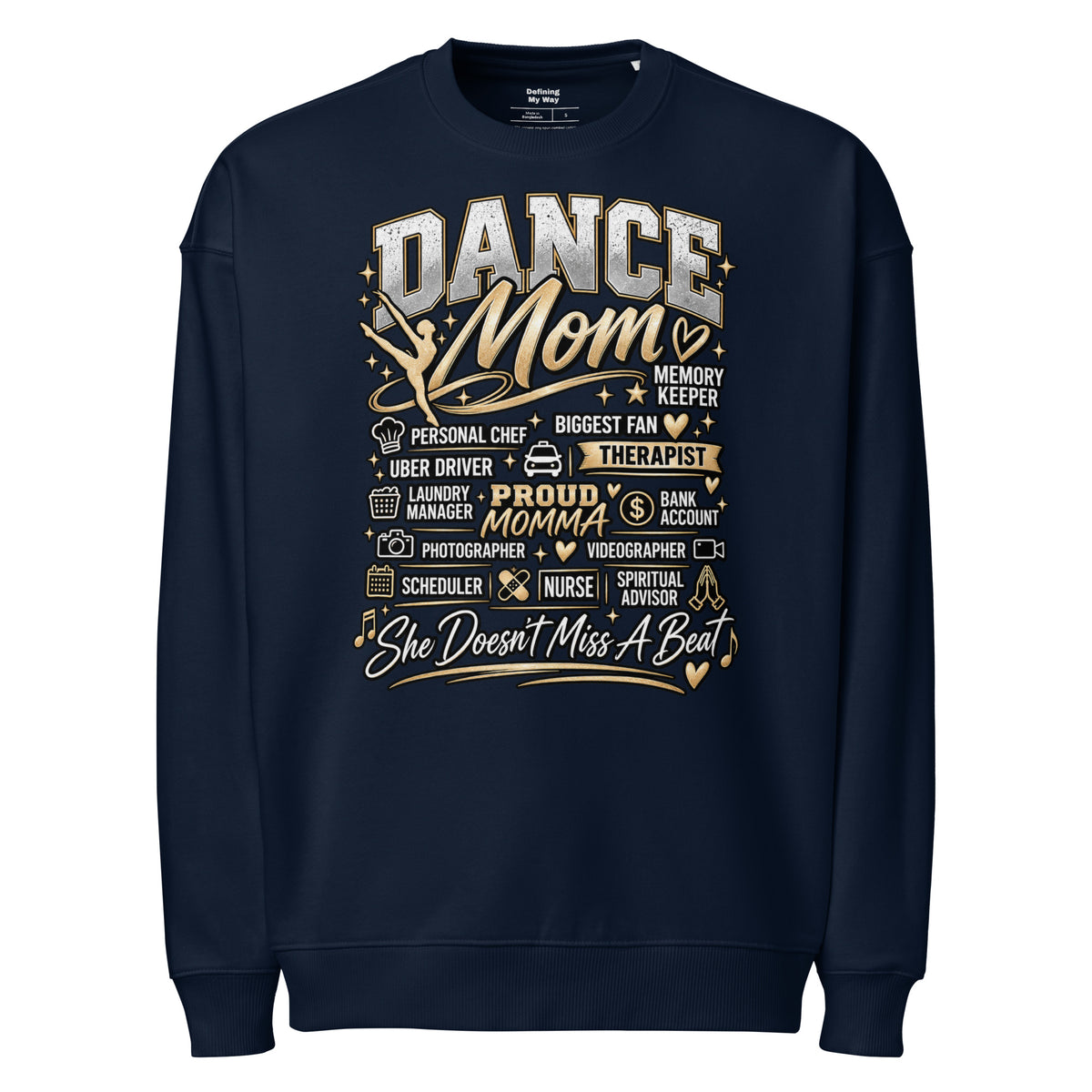french navy Dance Mom oversized sweatshirt with "All My Roles" design, front view
