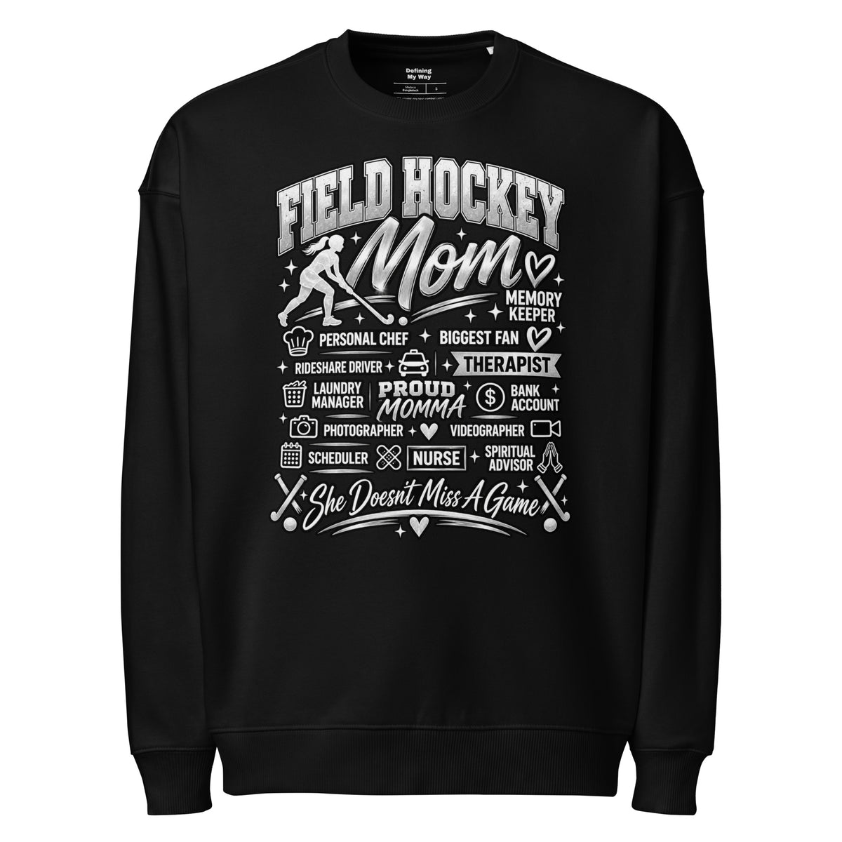 black Field Hockey Mom oversized sweatshirt with "All My Roles" design, alternate front view