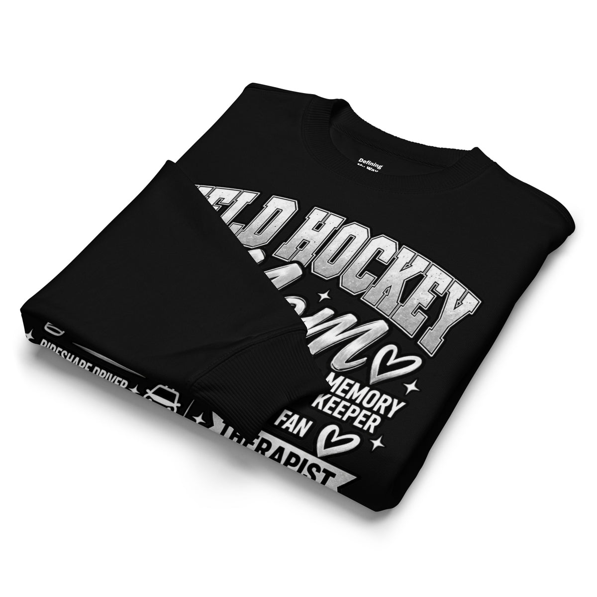 black Field Hockey Mom oversized sweatshirt with "All My Roles" design, alternate front view