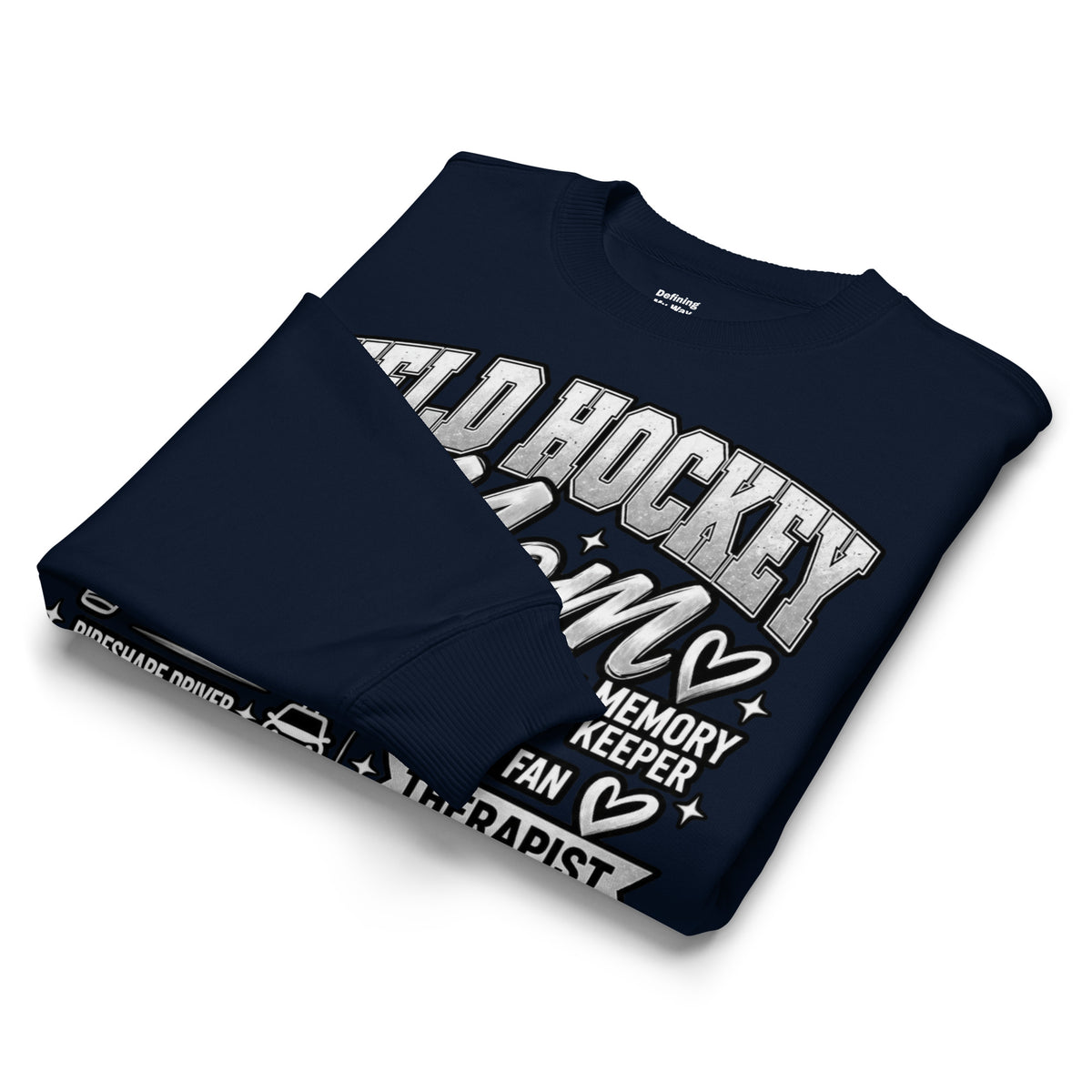 french navy Field Hockey Mom oversized sweatshirt with "All My Roles" design, alternate front view