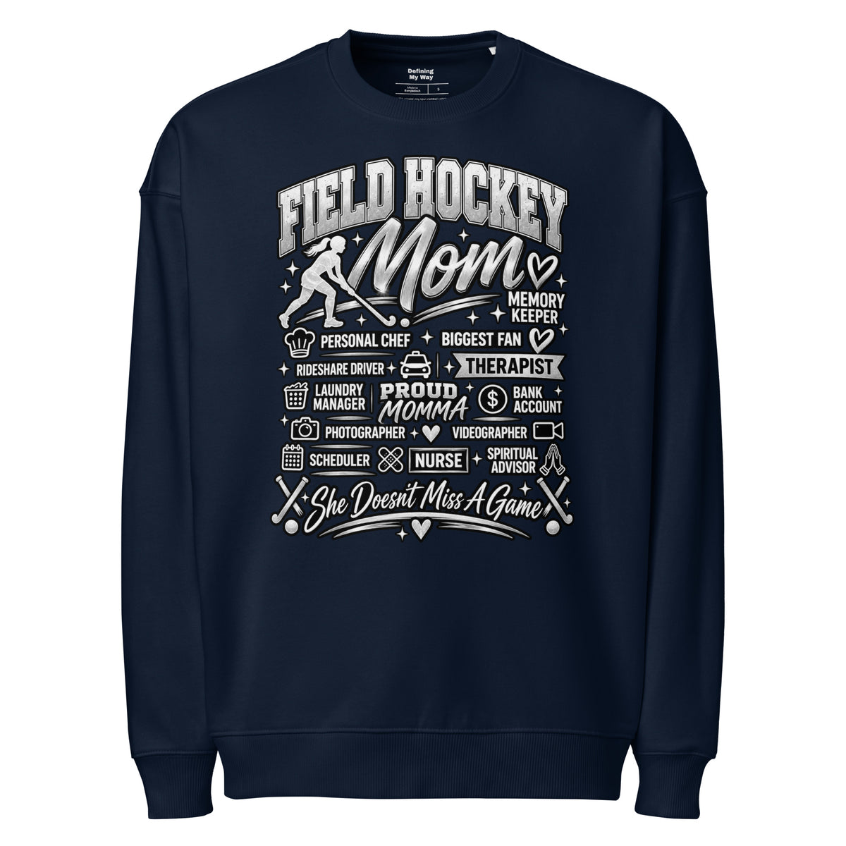 french navy Field Hockey Mom oversized sweatshirt with "All My Roles" design, front view