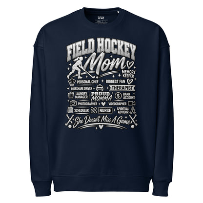 french navy Field Hockey Mom oversized sweatshirt with "All My Roles" design, front view
