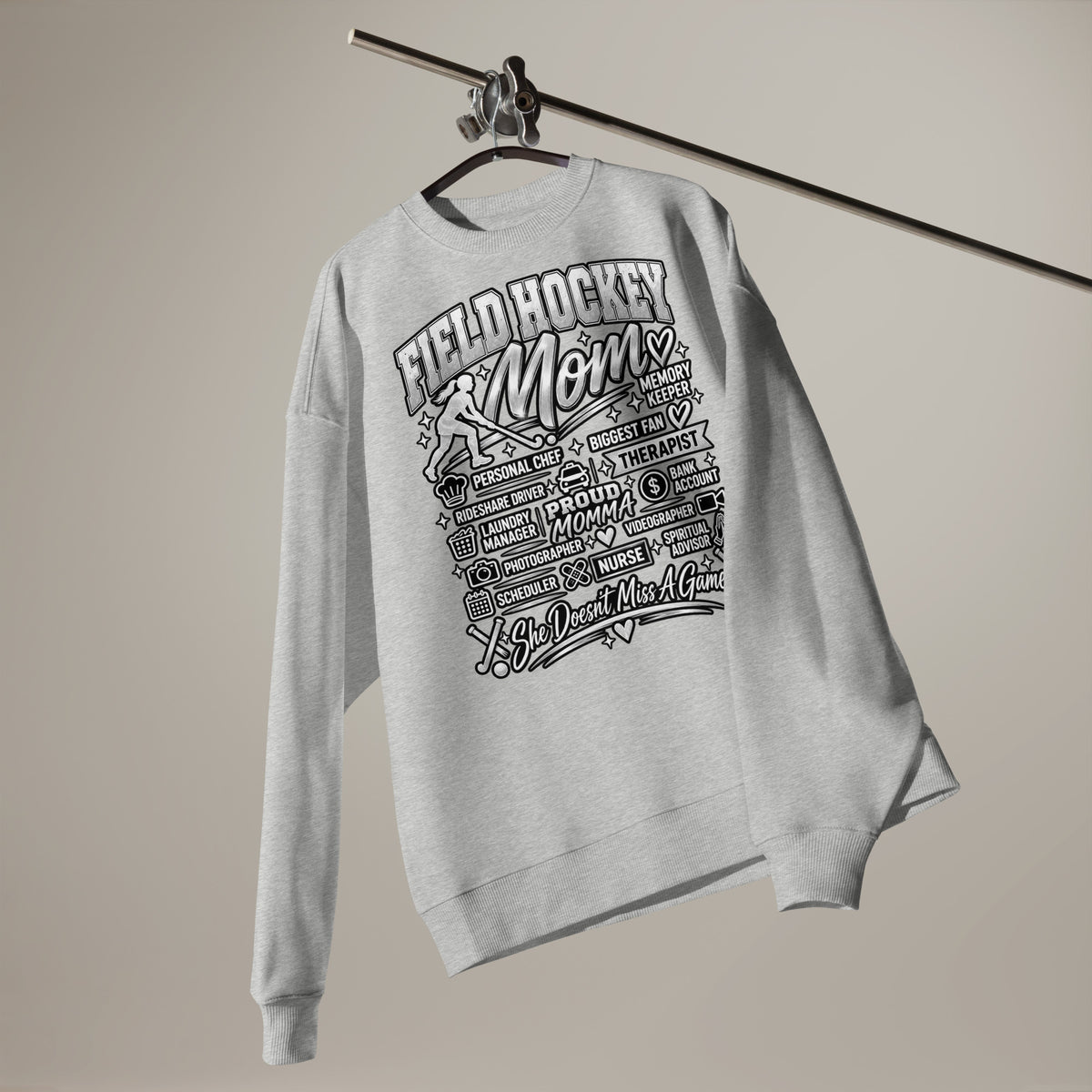 heather grey Field Hockey Mom oversized sweatshirt with "All My Roles" design, alternate front view