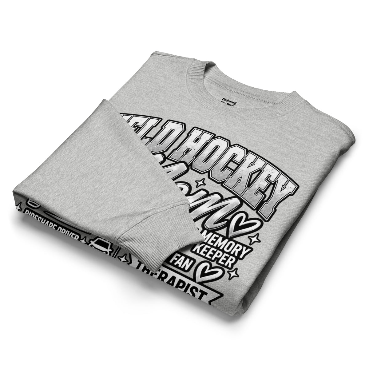 heather grey Field Hockey Mom oversized sweatshirt with "All My Roles" design, alternate front view
