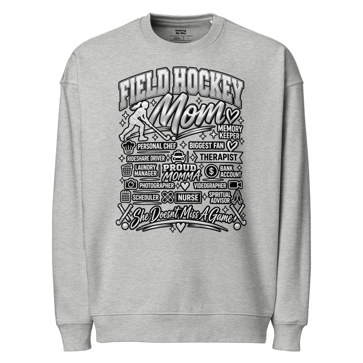 heather grey Field Hockey Mom oversized sweatshirt with "All My Roles" design, front view