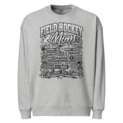 heather grey Field Hockey Mom oversized sweatshirt with "All My Roles" design, front view