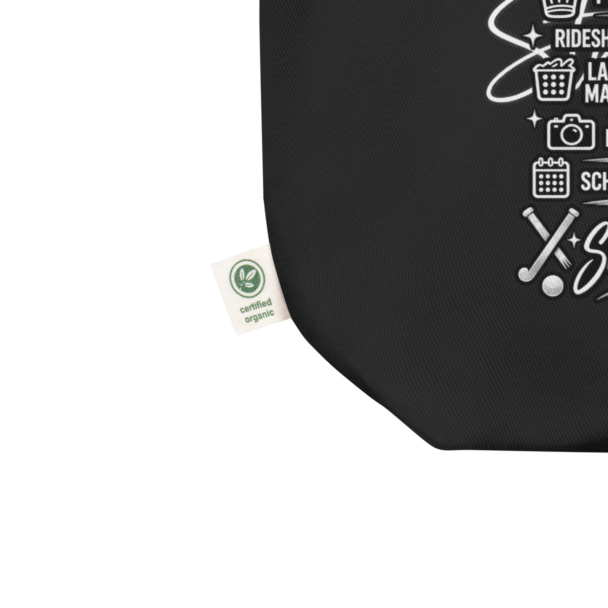 black Field Hockey Mom tote bag with "All My Roles" design, product details
