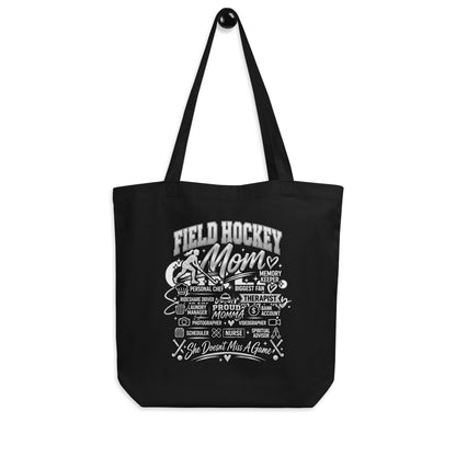 black Field Hockey Mom tote bag with "All My Roles" design, alternate front view