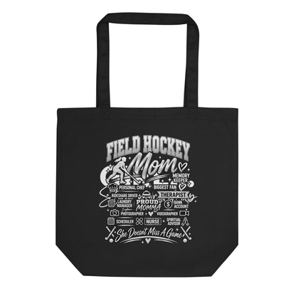 black Field Hockey Mom tote bag with "All My Roles" design, front view