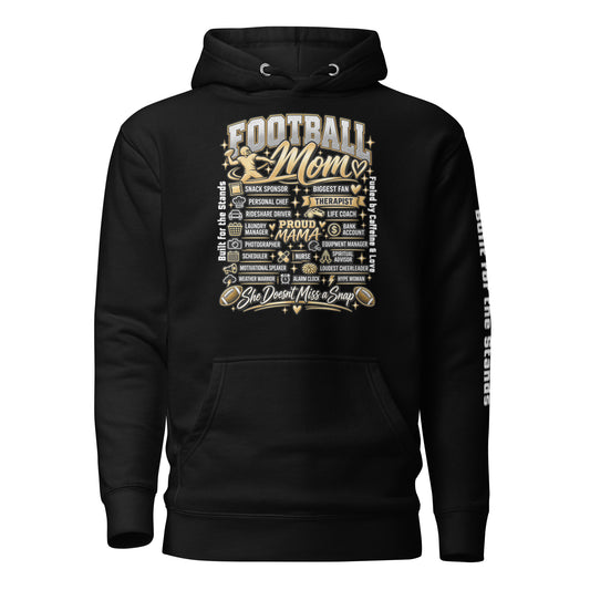 black Football Mom hoodie with "All My Roles" design, gold print, front view