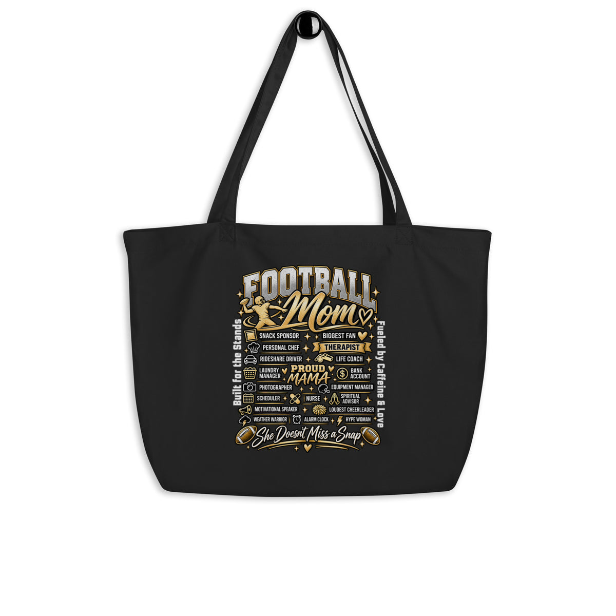 black Football Mom tote bag with "All My Roles" design, front view
