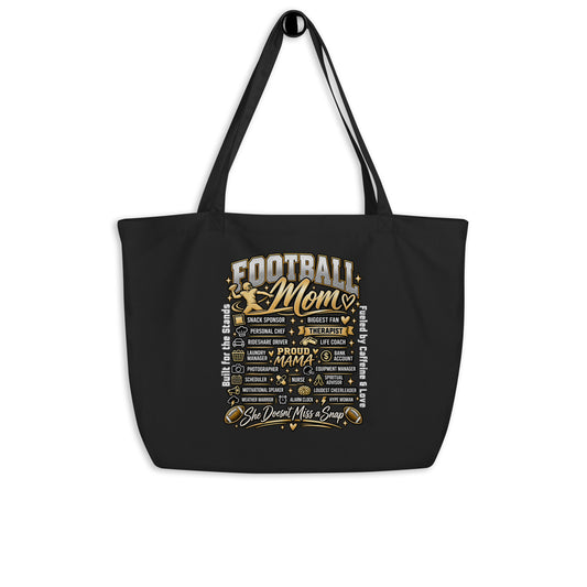 black Football Mom tote bag with "All My Roles" design, front view